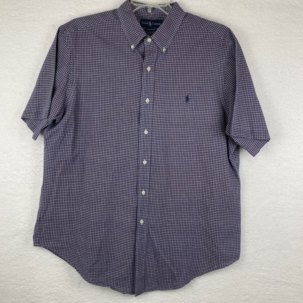 Ralph Lauren Mens XL Classic Fit Short Sleeve Button Down Shirt Navy Red Check